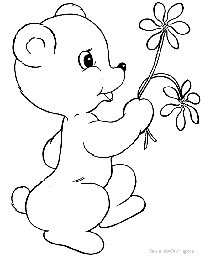Bear with Valentine´s Day flowers coloring page