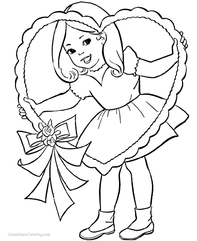Girl and heart Valentine Gifts Coloring Page to print